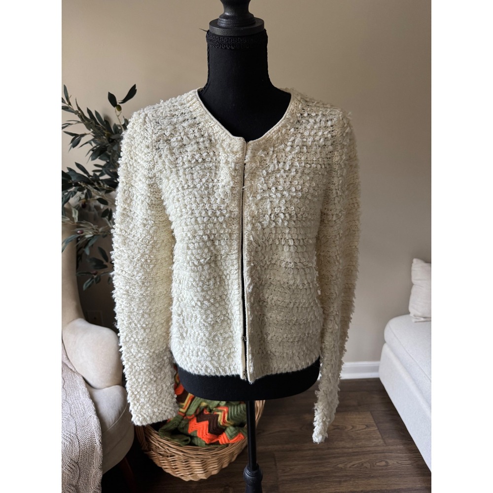 Frenchi Cream Popcorn Knit Cardigan Sweater Hook Eye Closure Ivory Medium